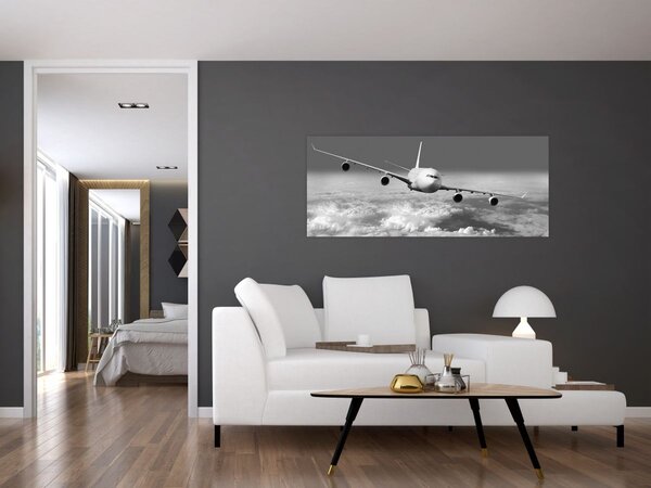 Kép - Repülőgép a felhőkben, fekete-fehér (120x50 cm)