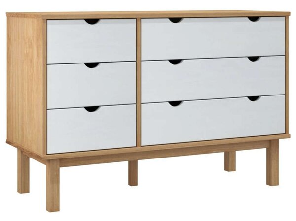 Barna-fehér tömör fenyőfa fiókos szekrény 113,5x39,5x73 cm