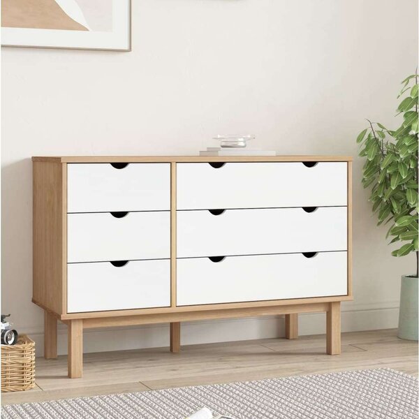 Barna-fehér tömör fenyőfa fiókos szekrény 113,5x39,5x73 cm