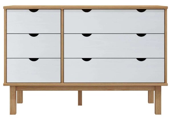Barna-fehér tömör fenyőfa fiókos szekrény 113,5x39,5x73 cm