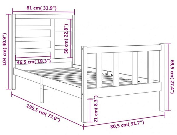 VidaXL Fekete Tömörfa Ágykeret - 75x190 cm