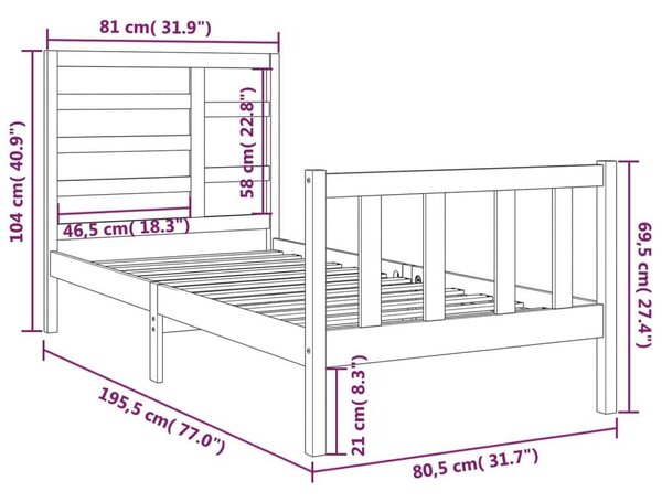 VidaXL Fekete Tömörfa Ágykeret - 75x190 cm