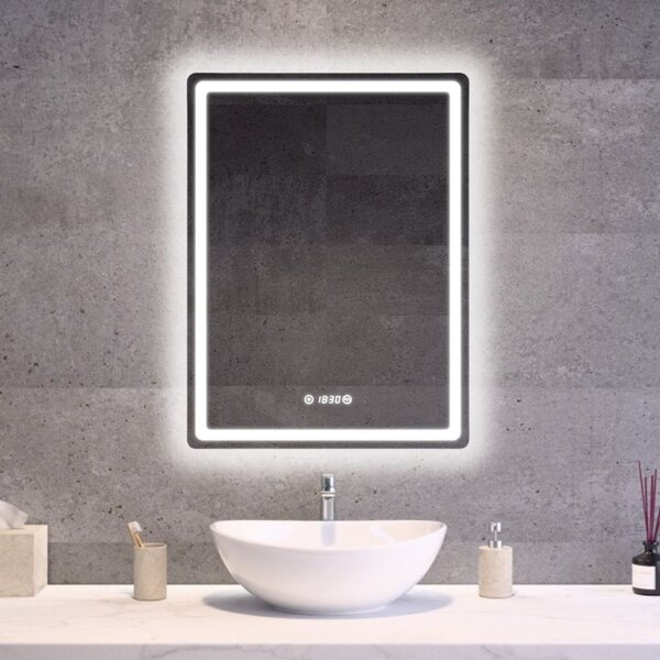 Álló fürdőszobai LED tükör 50x70cm | Páramentesítő - Óra - Fényerő és színhőmérséklet szabályozás | Welland Type20V