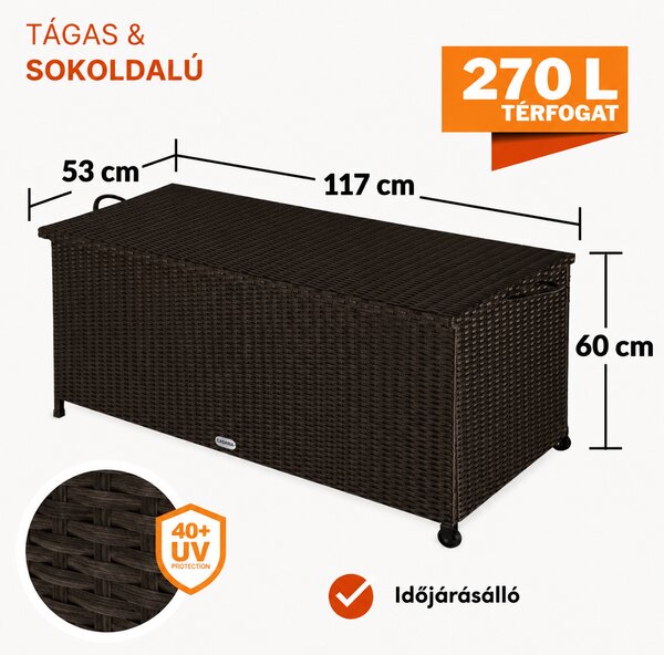 RICCO polyrattan tárolódoboz, 270L, 117x53x60cm, sötétbarna Casaria
