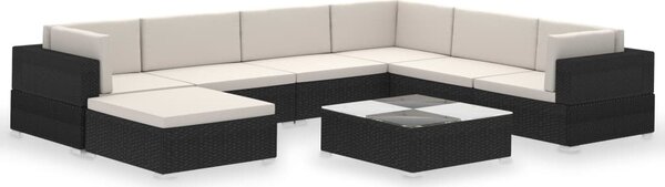 8-részes fekete polyrattan kerti bútorszett párnákkal
