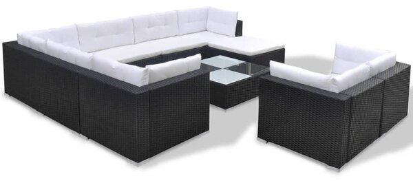 10-részes fekete polyrattan kerti bútorszett párnákkal
