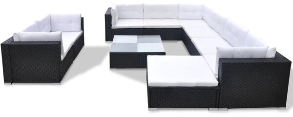 10-részes fekete polyrattan kerti bútorszett párnákkal
