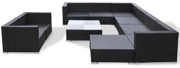 10-részes fekete polyrattan kerti bútorszett párnákkal
