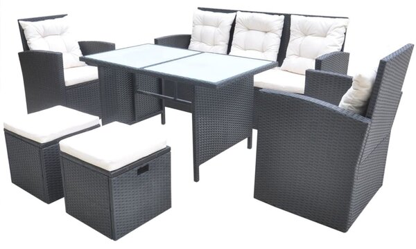 6-részes fekete polyrattan kültéri étkezőszett párnákkal