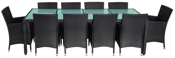 11-részes fekete polyrattan kültéri étkezőszett párnákkal