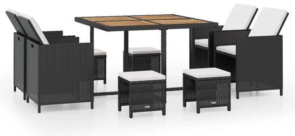9 darabos fekete kültéri polyrattan és akácfa étkezőszett