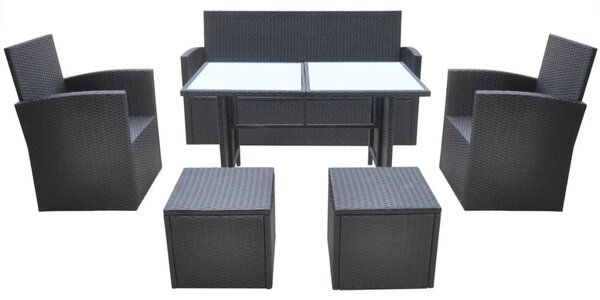 6-részes fekete polyrattan kültéri étkezőszett párnákkal