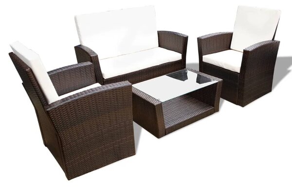 4-részes barna polyrattan kerti bútorszett párnákkal