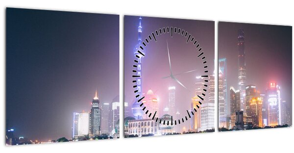 Éjszakai Shanghai képe (órával) (90x30 cm)