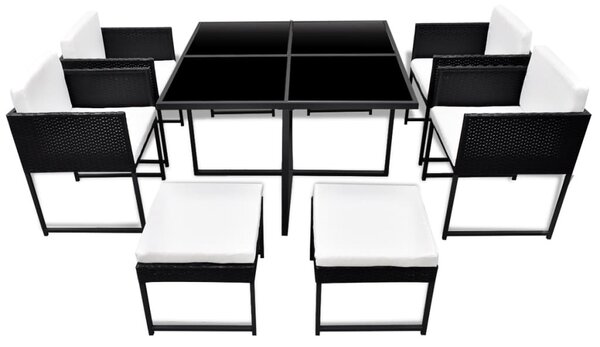 9-részes fekete polyrattan kültéri étkezőszett párnákkal
