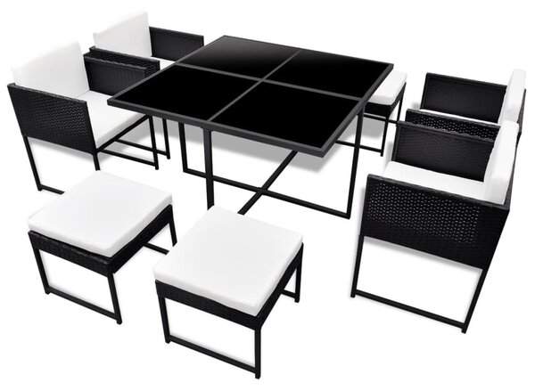 9-részes fekete polyrattan kültéri étkezőszett párnákkal