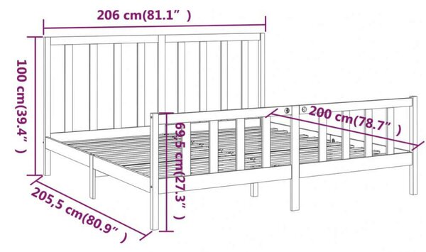 VidaXL Fekete Fenyőfa Ágykeret - 200x200 cm