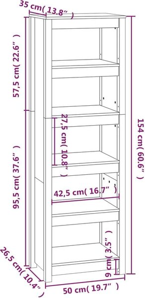 VidaXL Fekete Fenyőfa Könyvespolc - 5 Polc - 50x35x154 cm