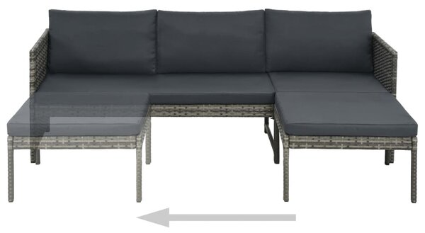 3-részes szürke polyrattan kerti bútorszett párnákkal