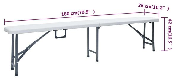 VidaXL fehér HDPE és acél összecsukható kerti asztal 2 paddal 180 cm