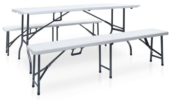 VidaXL fehér HDPE és acél összecsukható kerti asztal 2 paddal 180 cm