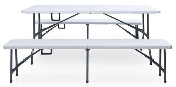 VidaXL fehér HDPE és acél összecsukható kerti asztal 2 paddal 180 cm
