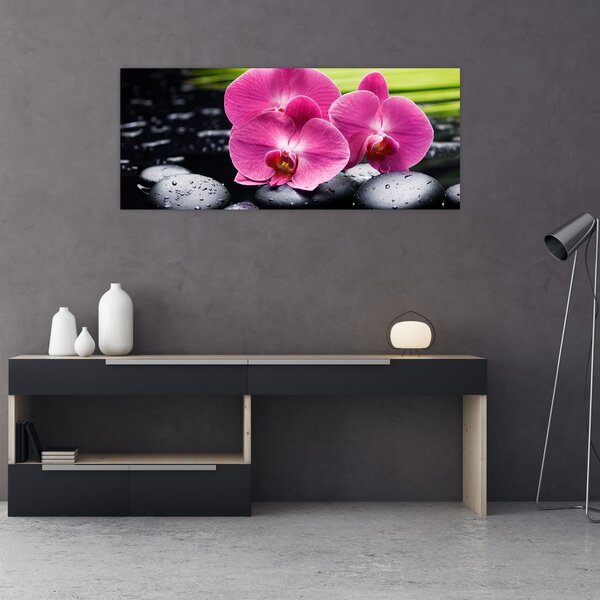 Kép - Rózsaszín orchidea pálmalevéllel (120x50 cm)