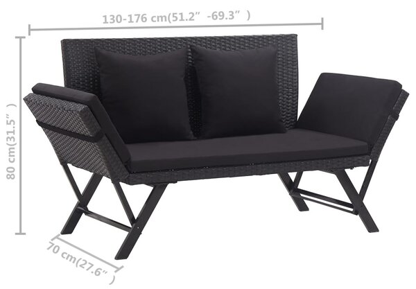 Fekete polyrattan kerti pad párnákkal 176 cm