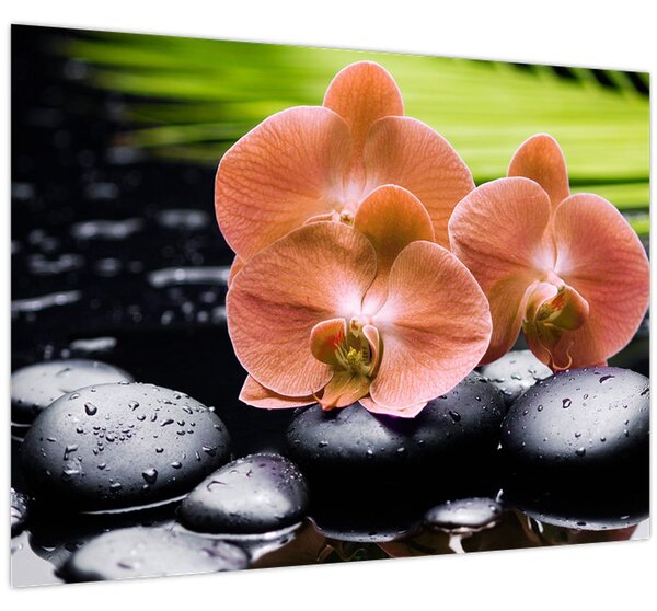 Kép - Narancssárga orchidea pálmalevelekkel (70x50 cm)