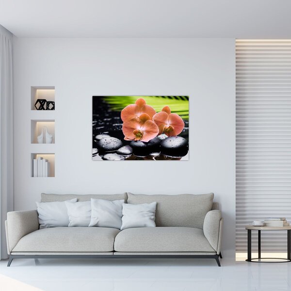 Kép - Narancssárga orchidea pálmalevelekkel (90x60 cm)