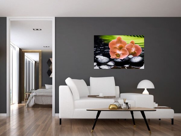 Kép - Narancssárga orchidea pálmalevelekkel (90x60 cm)