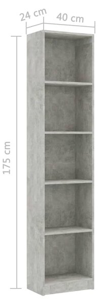 5-szintes betonszürke szerelt fa könyvszekrény 40 x 24 x 175 cm