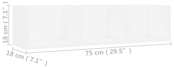 Fehér szerelt fa CD-tartó fali polc 75 x 18 x 18 cm