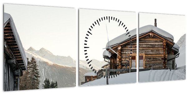 Kép - hegyi kunyhó a hóban (órával) (90x30 cm)