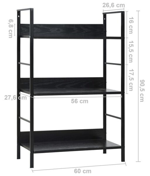 3 szintes fekete szerelt fa könyvespolc 60 x 27,6 x 90,5 cm