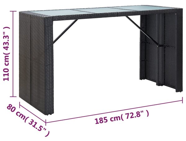 VidaXL 7 részes fekete polyrattan kerti bárszett párnákkal