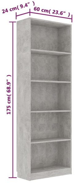 5-szintes betonszürke szerelt fa könyvszekrény 60 x 24 x 175 cm