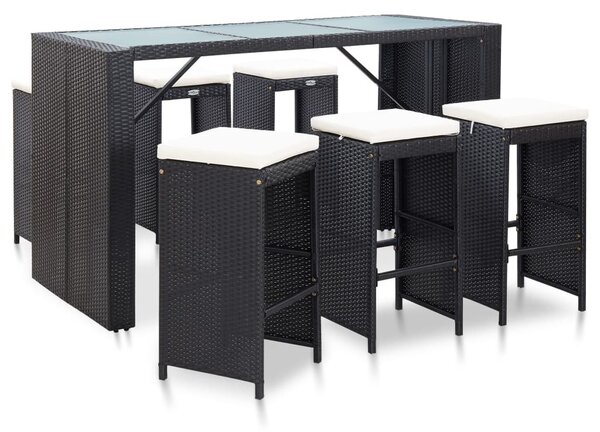 VidaXL 7 részes fekete polyrattan kerti bárszett párnákkal