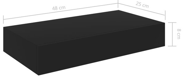 Fekete lebegő fali polc fiókkal 48 x 25 x 8 cm