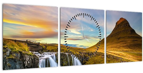 Kép a hegyekről és vízesésekről Izlandon (órával) (90x30 cm)