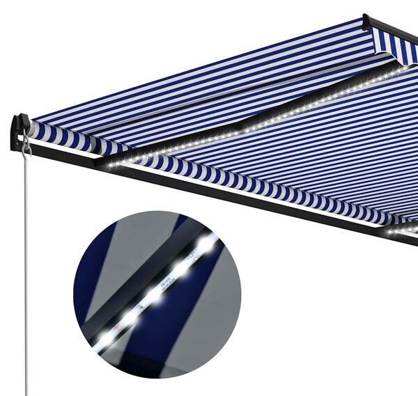 Kék és fehér kézzel kihúzható LED-es napellenző 300 x 250 cm