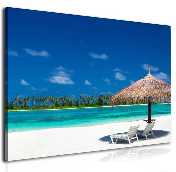 70x40 cm - Tengerpart napernyő és pálmafák vászonkép