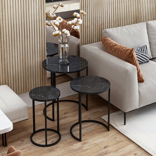 Oldalsó különböző méretű kisasztal-szett 3 db-os Frederiksværk fém márványos fekete