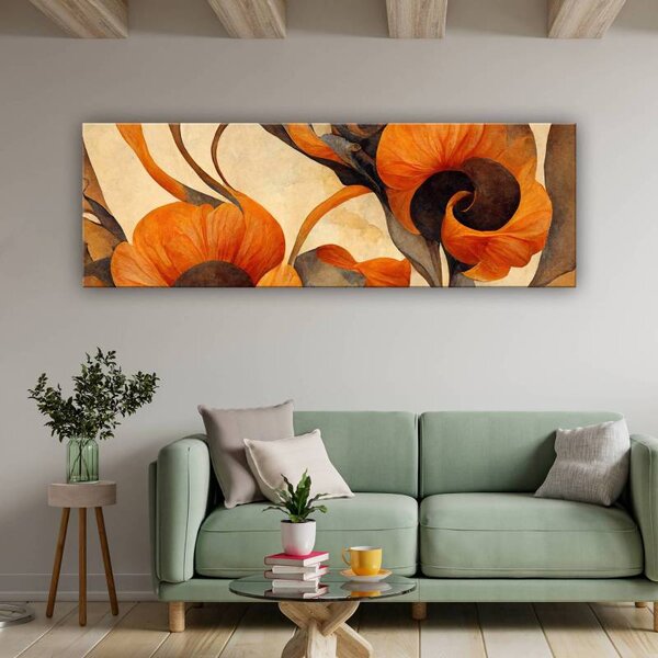 70x40 cm - Absztrakt barna festett virágok vászonkép