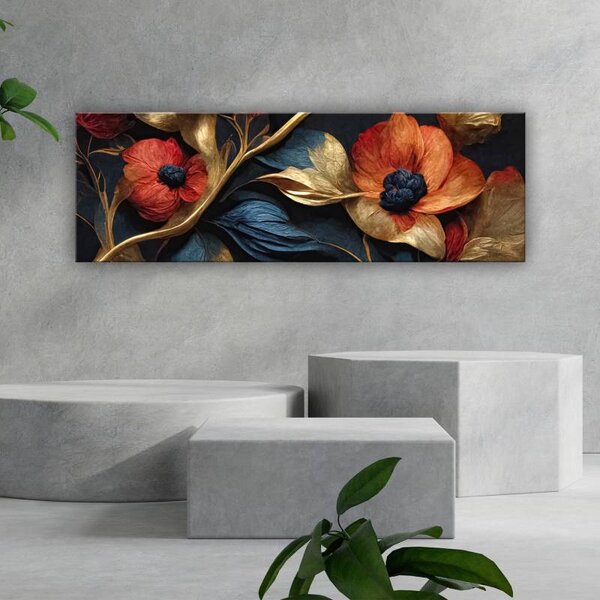70x40 cm - Kék és piros absztrakt virág vászonkép