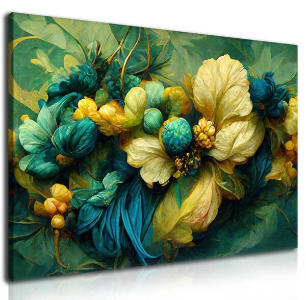 70x40 cm - Kék és sárga absztrakt virág vászonkép