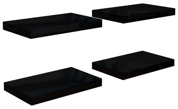 4 db magasfényű fekete MDF lebegő fali polc 40 x 23,5 x 3,8 cm