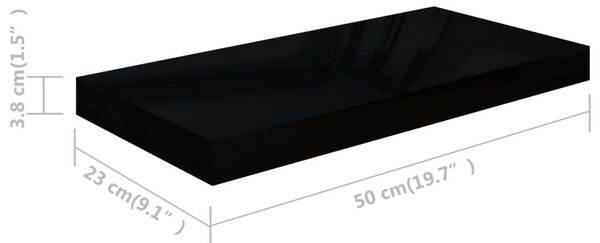 2 db magasfényű fekete MDF lebegő fali polc 50 x 23 x 3,8 cm