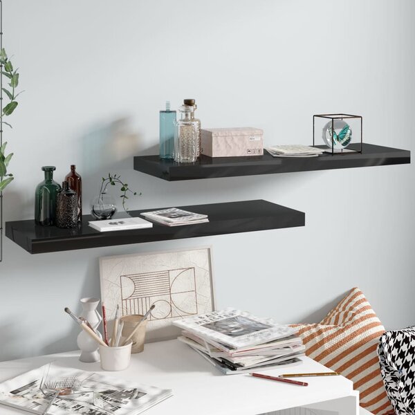 2 db magasfényű fekete MDF lebegő fali polc 80 x 23,5 x 3,8 cm