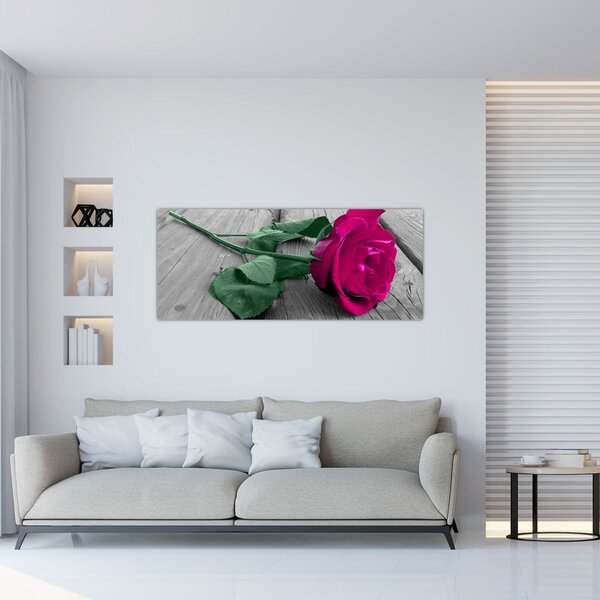 Kép - Rózsaszín rózsa zöld szárral (120x50 cm)